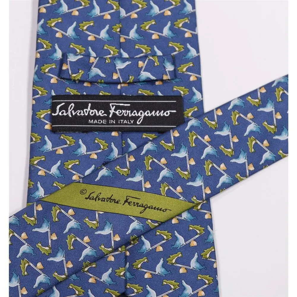 Salvatore Ferragamo Blue Seals Penguins on Seesaw Print Silk Necktie Tie